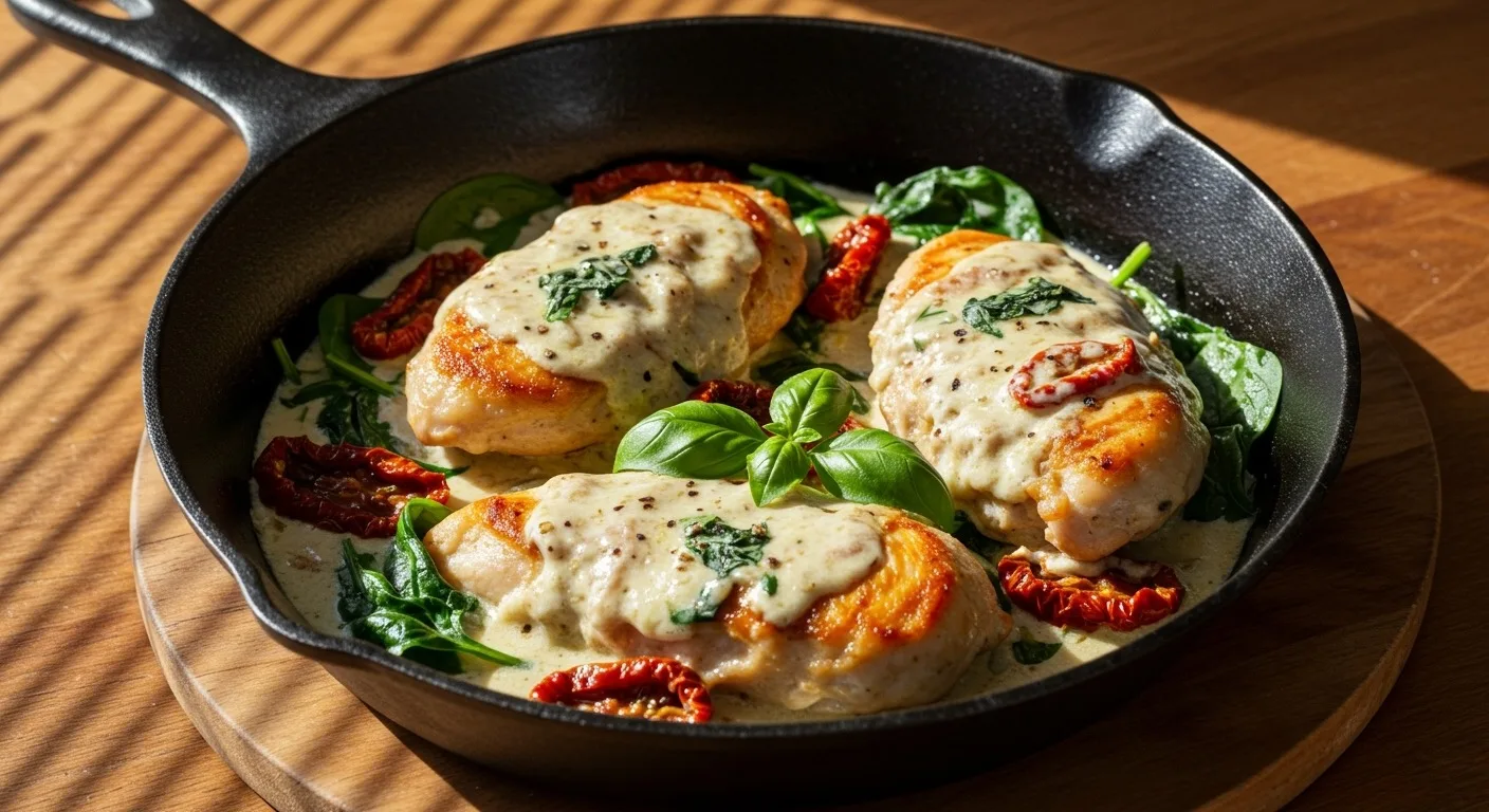 Tuscan Chicken Skillet with Sun-Dried Tomatoes and Spinach